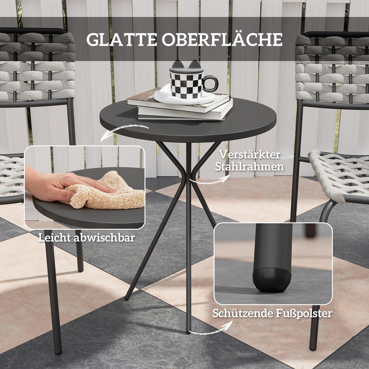 POLYRATTAN GARTENMÖBEL SET DE-06732 3-teilig für 2 Personen, mit Tisch Grau - Grau, Textil/Metall - ComfortXL