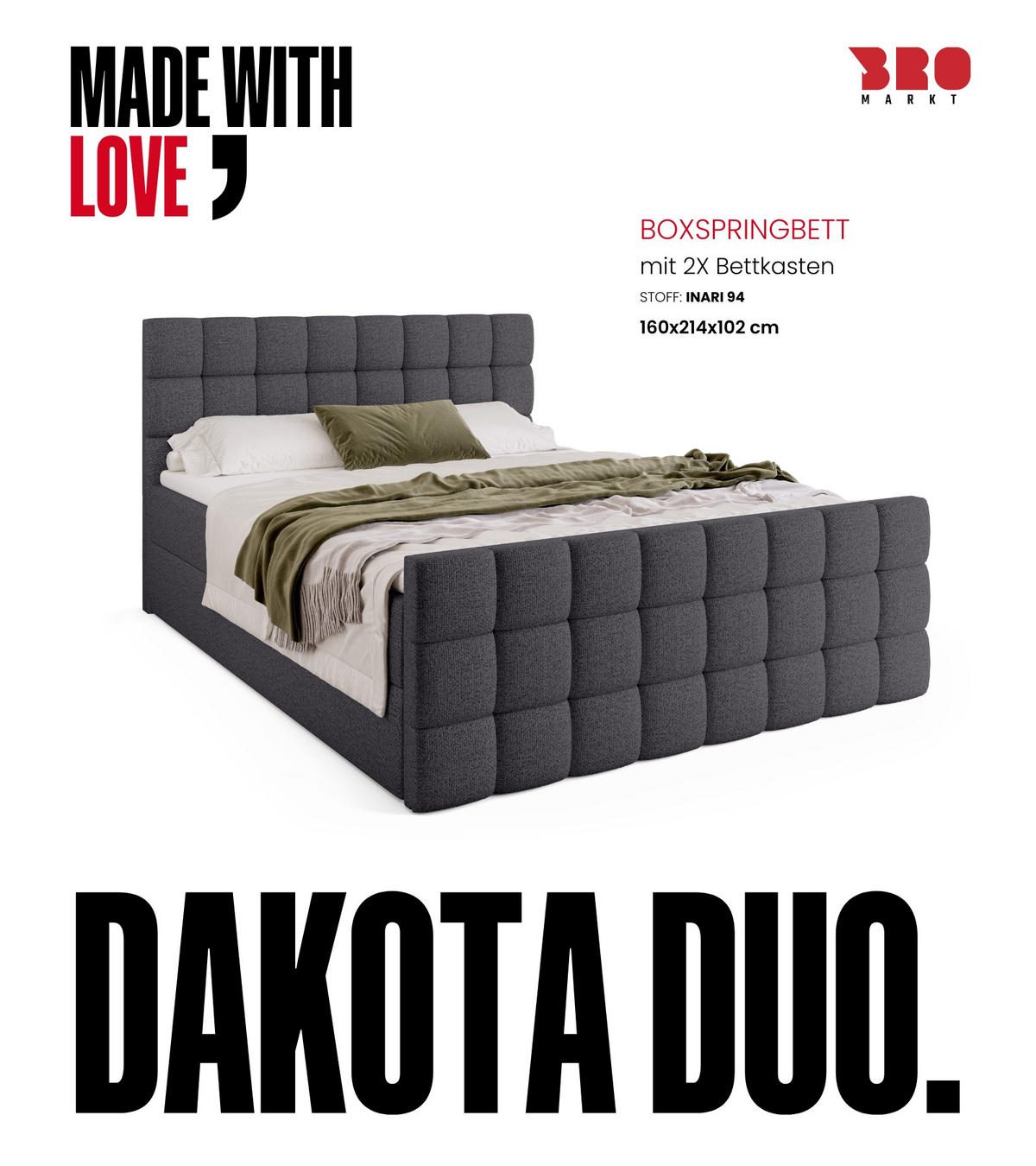 BOXBETT Dakota Duo mit Topper 160/200 Dunkelgrau - Dunkelgrau, Holz/Textil (160/200cm) - Bromarkt