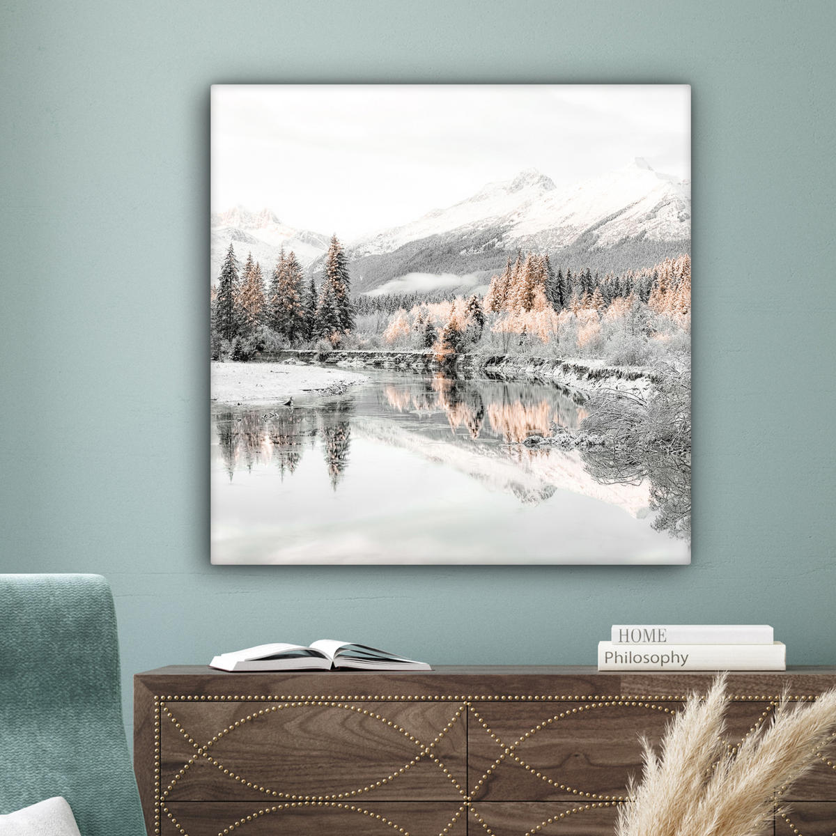 LEINWANDBILD Natur - Winter - Bäume - Berge - Schnee 90x90 cm - Weiß Hochglanz, Textil (90/90cm) - MuchoWow