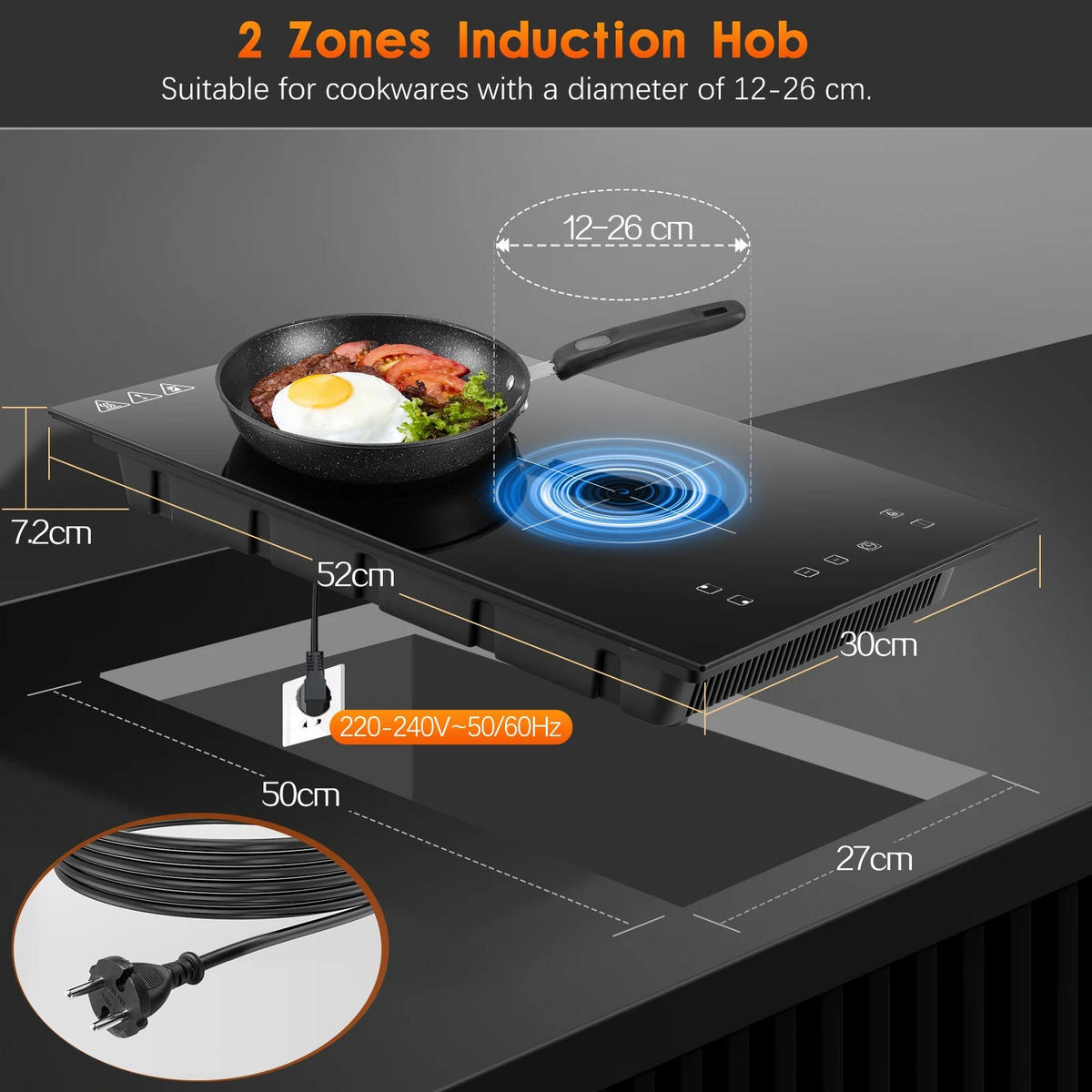 INDUKTIONSKOCHFELD 2 Platten Schwarz - Schwarz, Kunststoff/Metall (52/5/30cm) - Kaket
