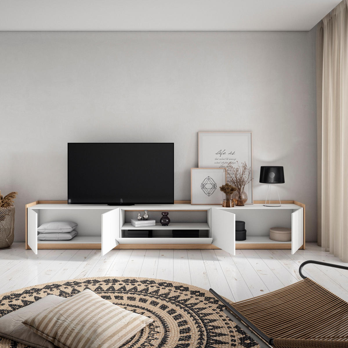 TV-SCHRANK, Lowboard, Weiß und Eiche Soft, 310/37/50cm - Weiß, Holzwerkstoff (310/50/37cm) - Skraut Home