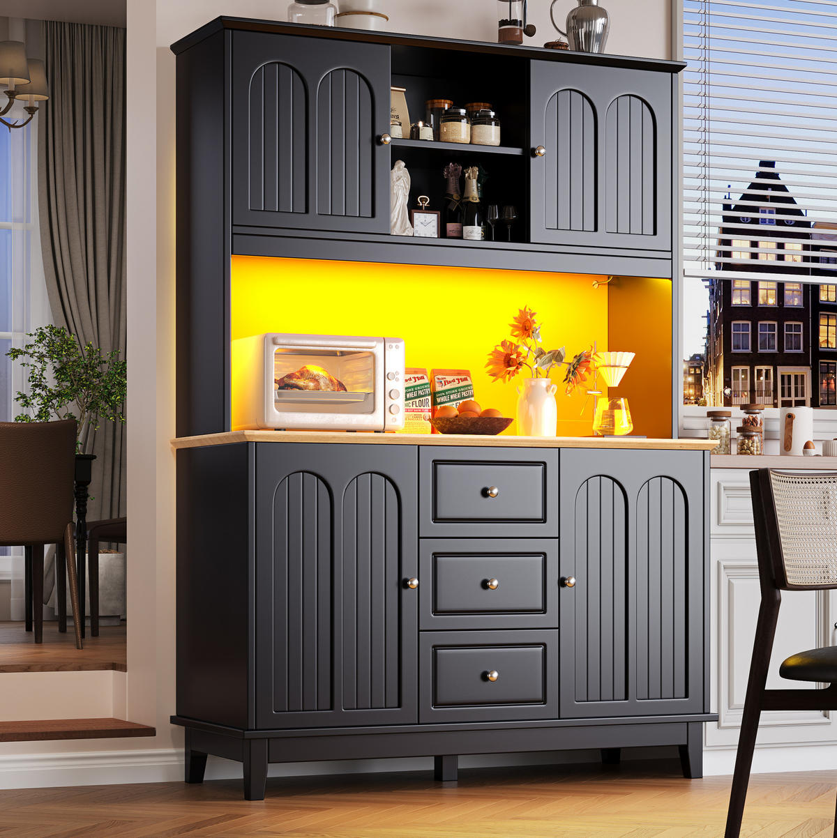 BUFFET 120/40/180 cm Schwarz/Natur aus MDF mit LED - Schwarz, Holzwerkstoff (120/180/40cm) - OKWISH