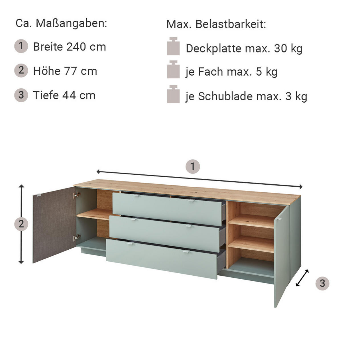 SIDEBOARD Cust-36 - Grün, Holzwerkstoff (240/77/44cm) - Lomado