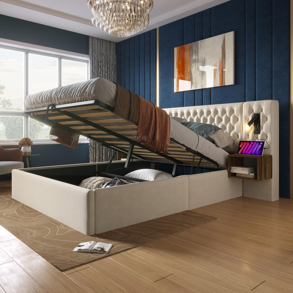 POLSTERBETT 160/200 cm mit hydraulischem Bettkasten, USB/Type-C & Leselicht, Samt Beige - Beige, Textil (160/200cm) - Redom