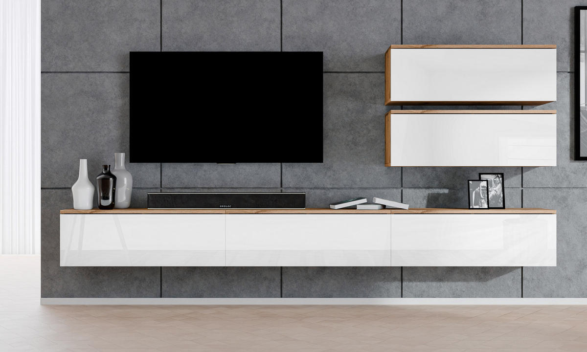 WOHNWAND Loriano V Eiche, Wotan, Weiß Hochglanz 300/102/32 cm Anbauwand - Braun/Weiß, Holzwerkstoff/Kunststoff (300/102/32cm) - AX Living