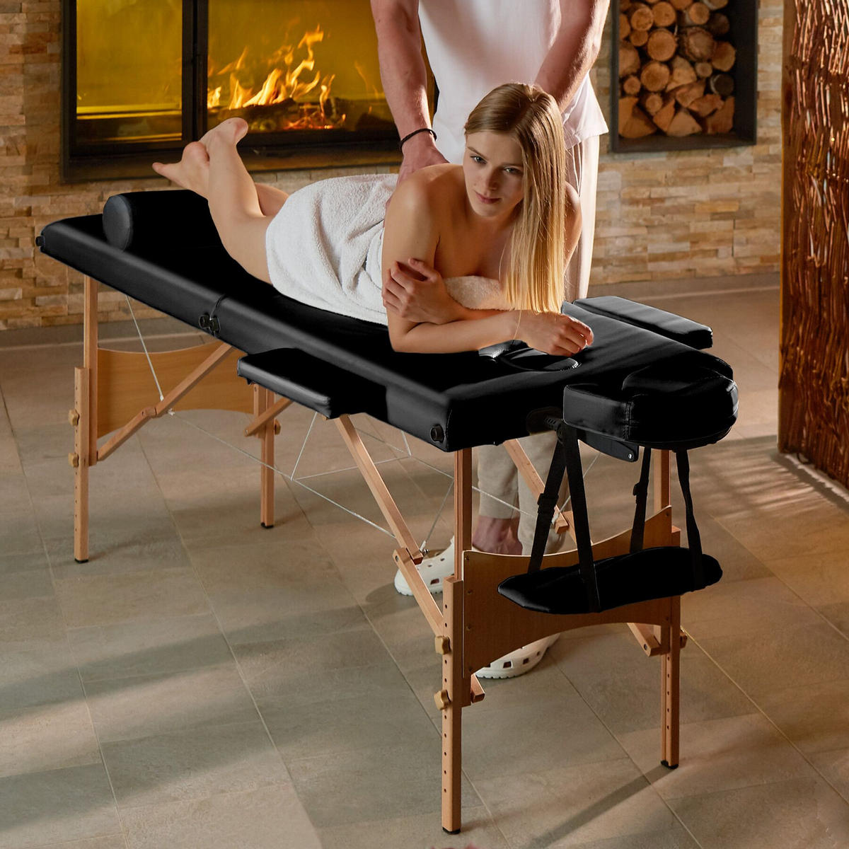 MASSAGELIEGE-SET 3 Zonen Daniel,210 x 95 x 84 cm,schwarz - Schwarz, Holz (95/84/210cm) - tectake