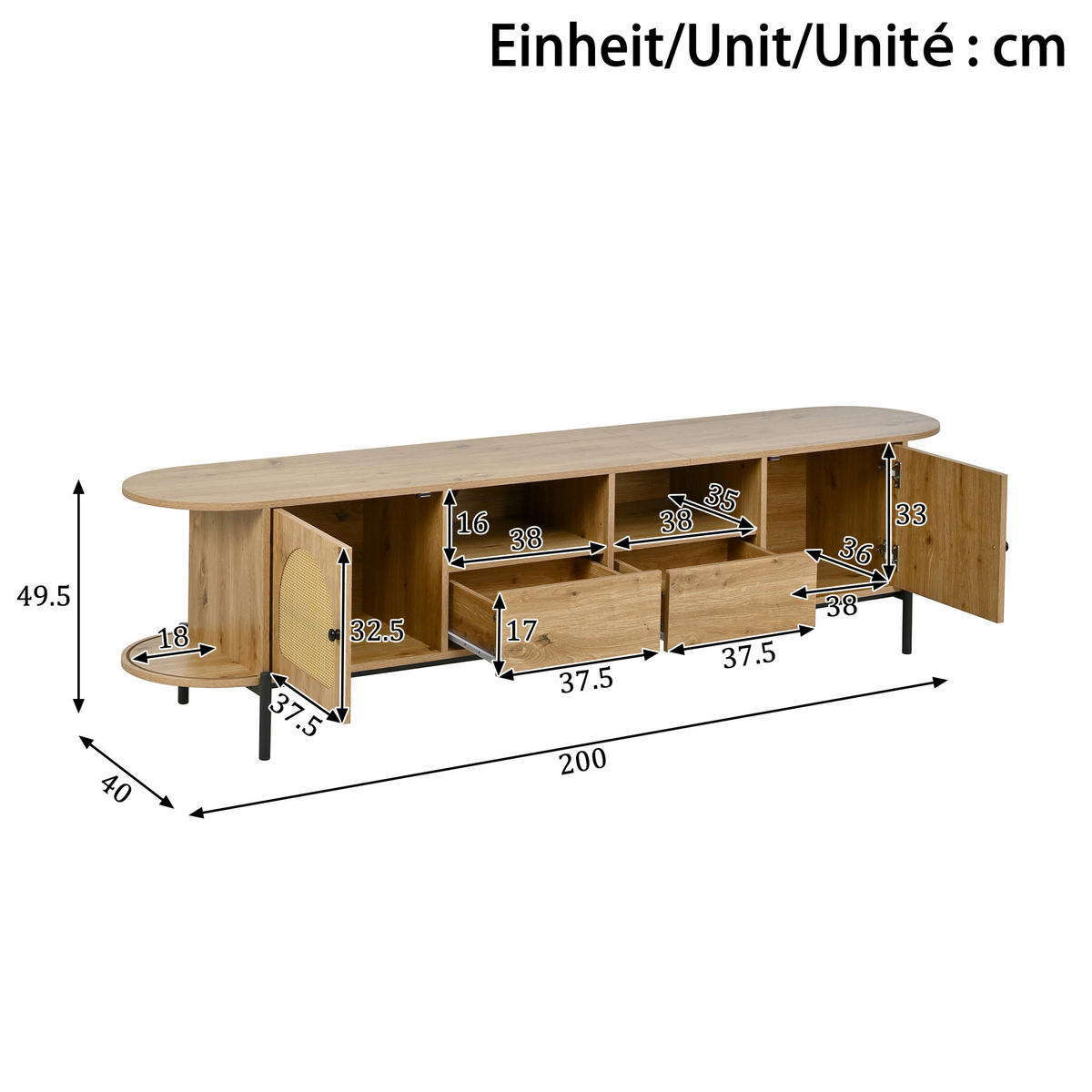 TV-SCHRANK oval Rattan Holzoptik - Naturfarben, Holzwerkstoff (200/49.5/40cm)