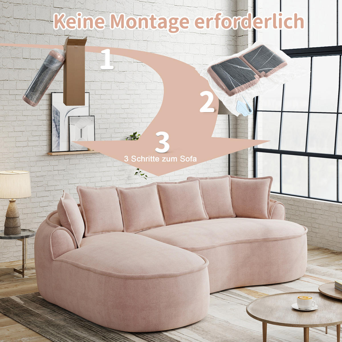 3-SITZER Sofa 252×164×67 cm aus Chenille-Stoff rahmenlos multifunktional, rosa - Rosa, Textil (164/67/252cm)