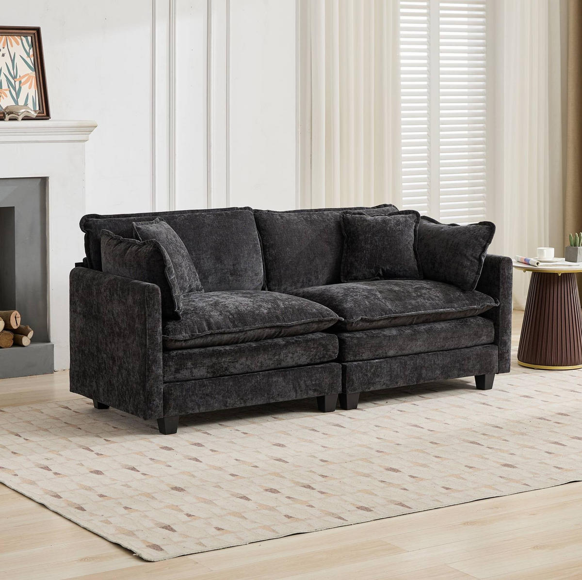 2-SITZER-SOFA aus Chenille in Schwarz mit modularem Design - Schwarz, Textil (75/84/198cm) - Modfu