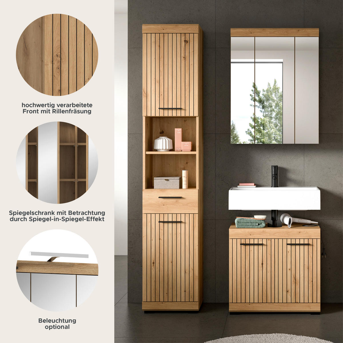 BADEZIMMER Vento 3-tlg. (B/H/T: ca. 112/191/34 cm) in Artisan Eiche /Artisan Eiche - Eiche Artisan, Holz (112/191/34cm)