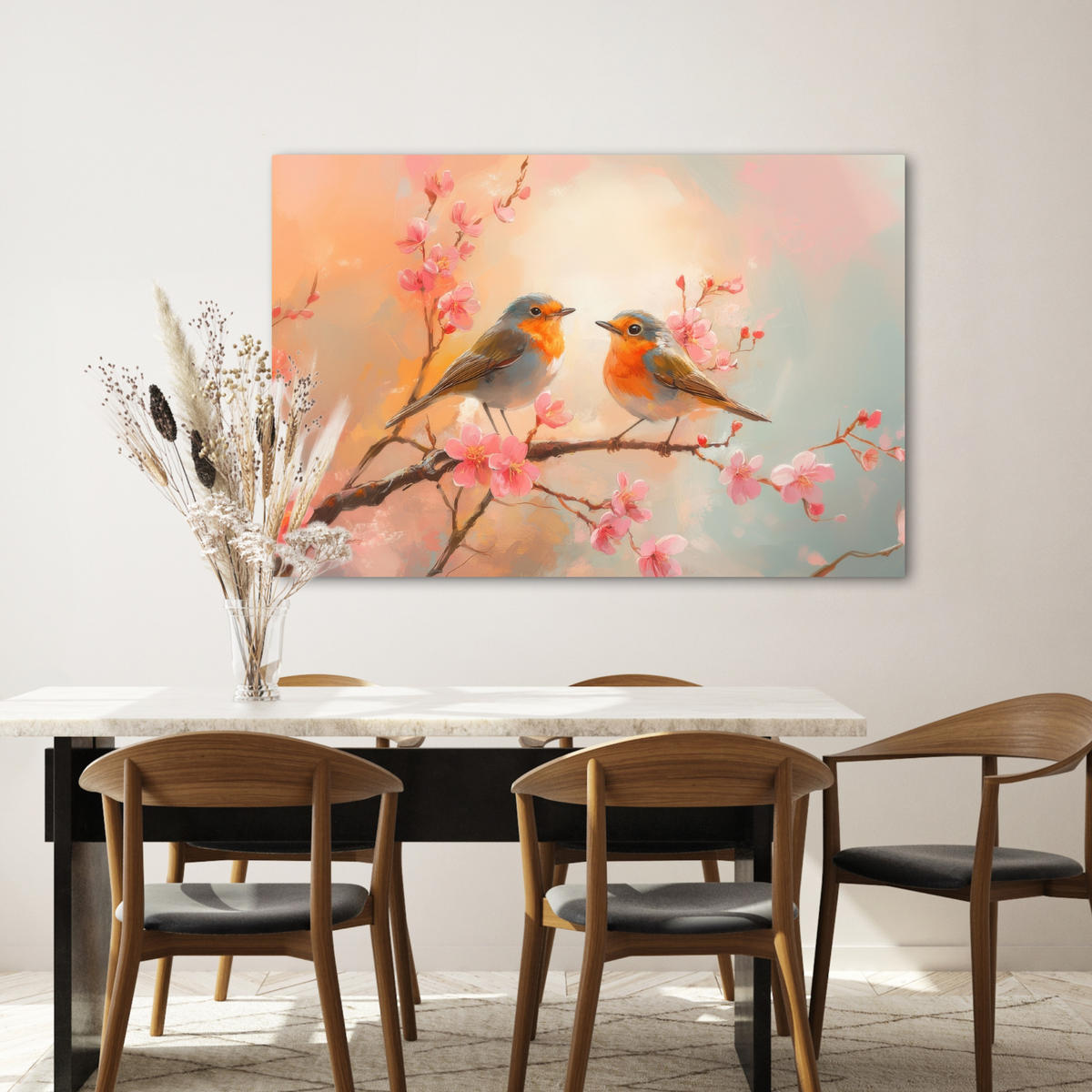 LEINWANDBILD Rotkehlchen - Zierpflanze - Blütenzweig Wohnzimmer 120x80 cm - Hellrosa, Textil (120/80cm) - MuchoWow