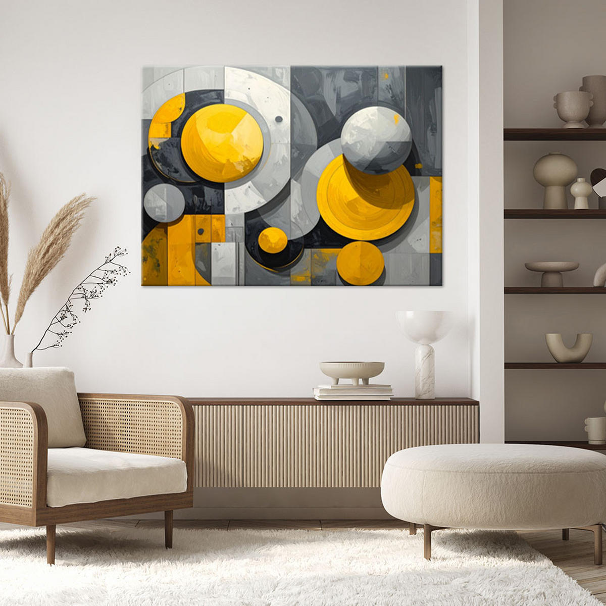 LEINWANDBILD, Moderne Abstraktion mit gelben Kreisen und geometrischen Formen - Gelb, Textil (45/30cm) - Feeby