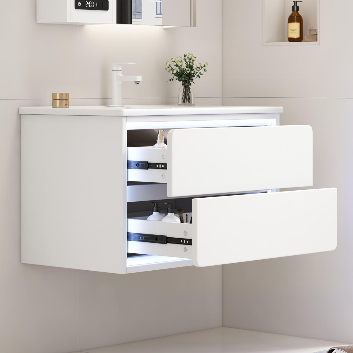 BADEZIMMER-HÄNGESCHRANK 76x46x58.5 cm Weiß aus Keramik & Spanplatte mit 2 Schubladen - Weiß, Holzwerkstoff (76/58.5/46cm) - Modfu