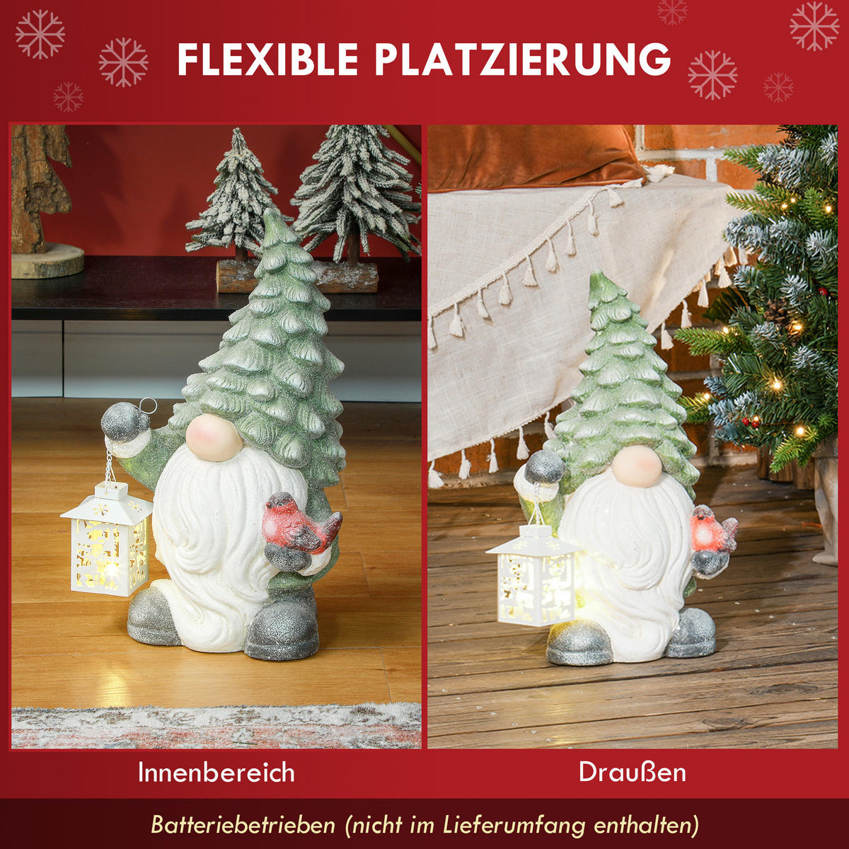 VÁNOČNÍ dekorace figurka 42 cm Santa Claus s vánoční čepicí a lucernou - bílá/zelená barva, kov (21/42/28cm) - HOMCOM