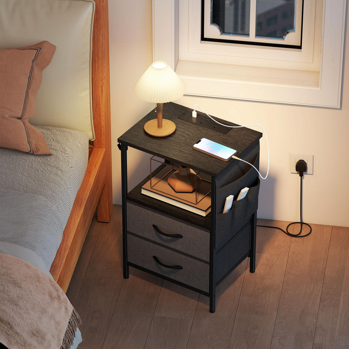 COUCHTISCH DE-08768 mit Ladestation, USB-C & Schubladen Schwarz - Schwarz, Metall (40/30/60cm) - ComfortXL