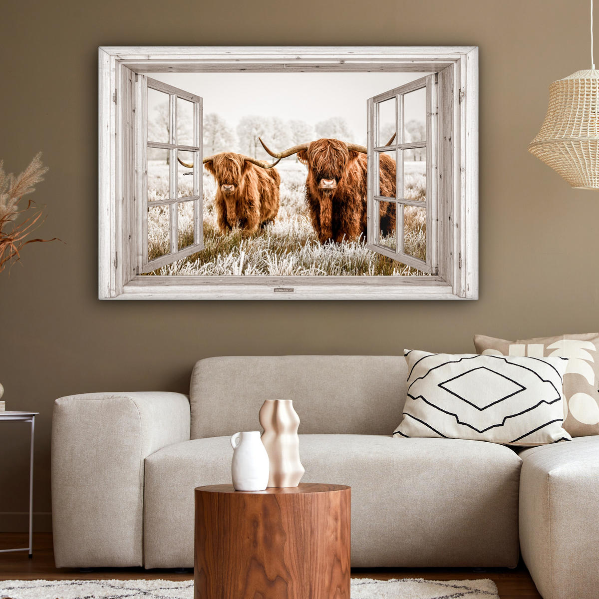 LEINWANDBILD Durchblick - Schottische Highlander - Tiere Wohnzimmer 120x80 cm - Hellbraun, Textil (120/80cm) - MuchoWow