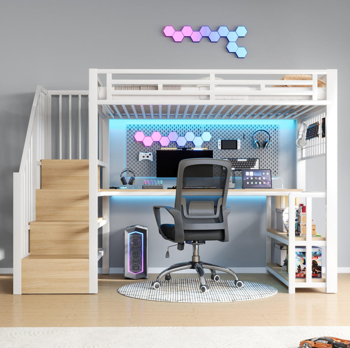 HOCHBETT 90/200 cm Weiß aus Metall und MDF mit Schreibtisch - Weiß, Metall (90/200cm) - OKMYHOME