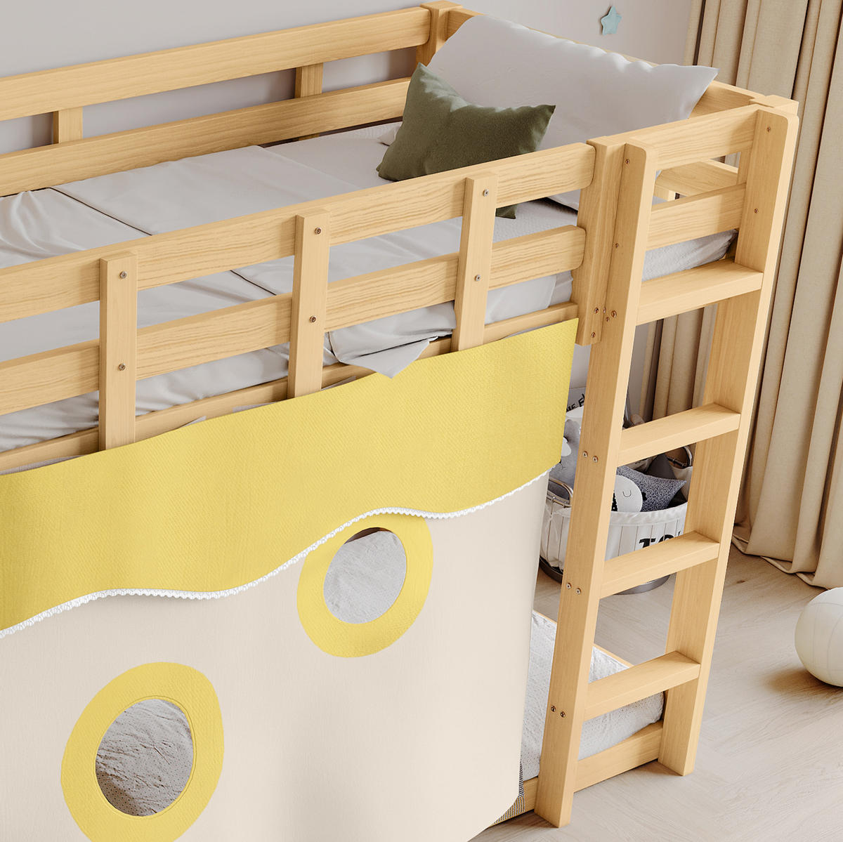 ETAGENBETT 90/200 cm aus Holz mit Treppe, Rutsche, Vorhang und Fallschutz, Natur - Naturfarben, Holz (90/200cm) - Redom