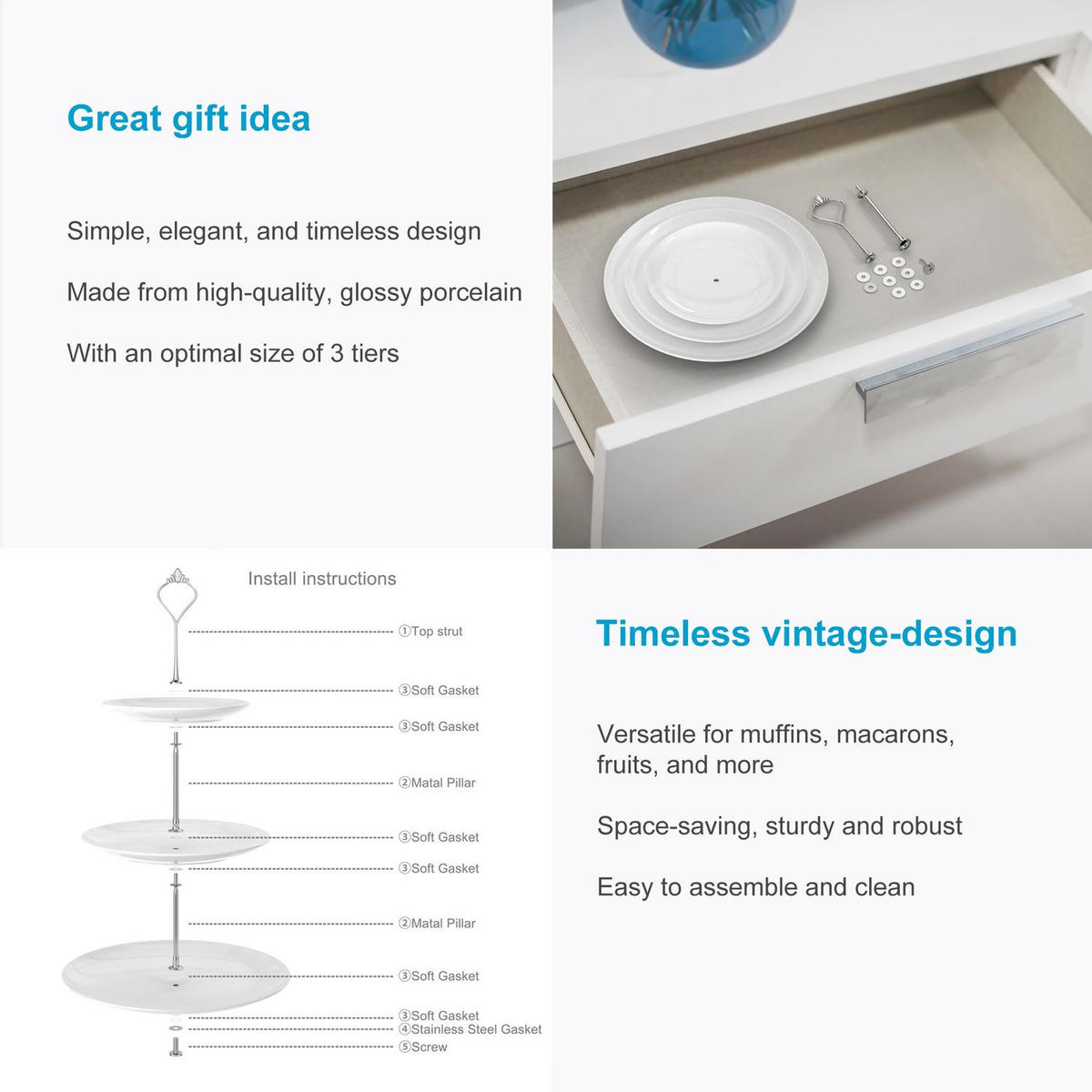 TORTENSTÄNDER Porzellan 15.5 / 20.5 / 27 x 37 cm - Weiß, Keramik (26.5/37cm) - Intirilife
