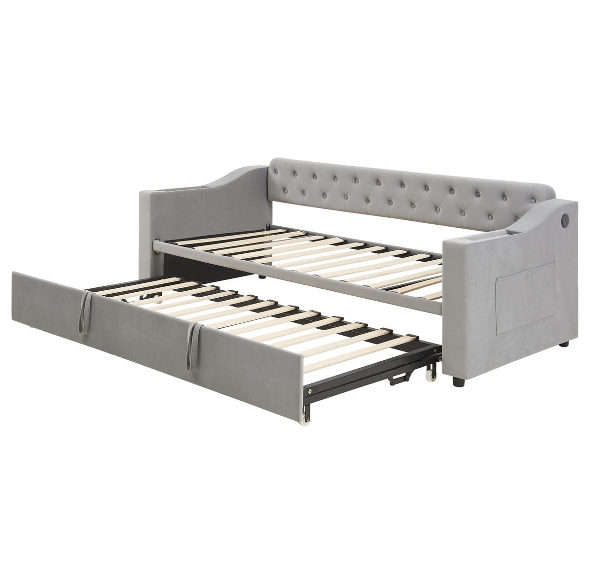 POLSTERBETT 90/180×190 cm Grau aus Samt mit USB- und Type-C-Anschlüssen - Grau, Textil (90/180cm) - Flora Grace