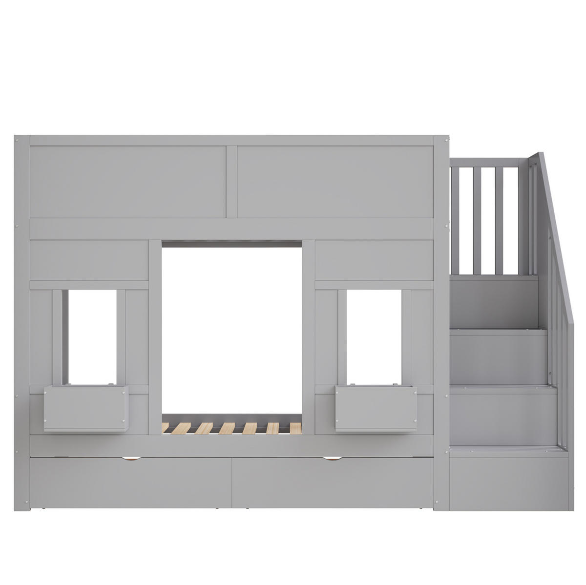ETAGENBETT 90/200 cm mit Stauraumtreppe, Schubladen und Fensterdesign,Grau - Grau, Holzwerkstoff (90/200cm) - Redom