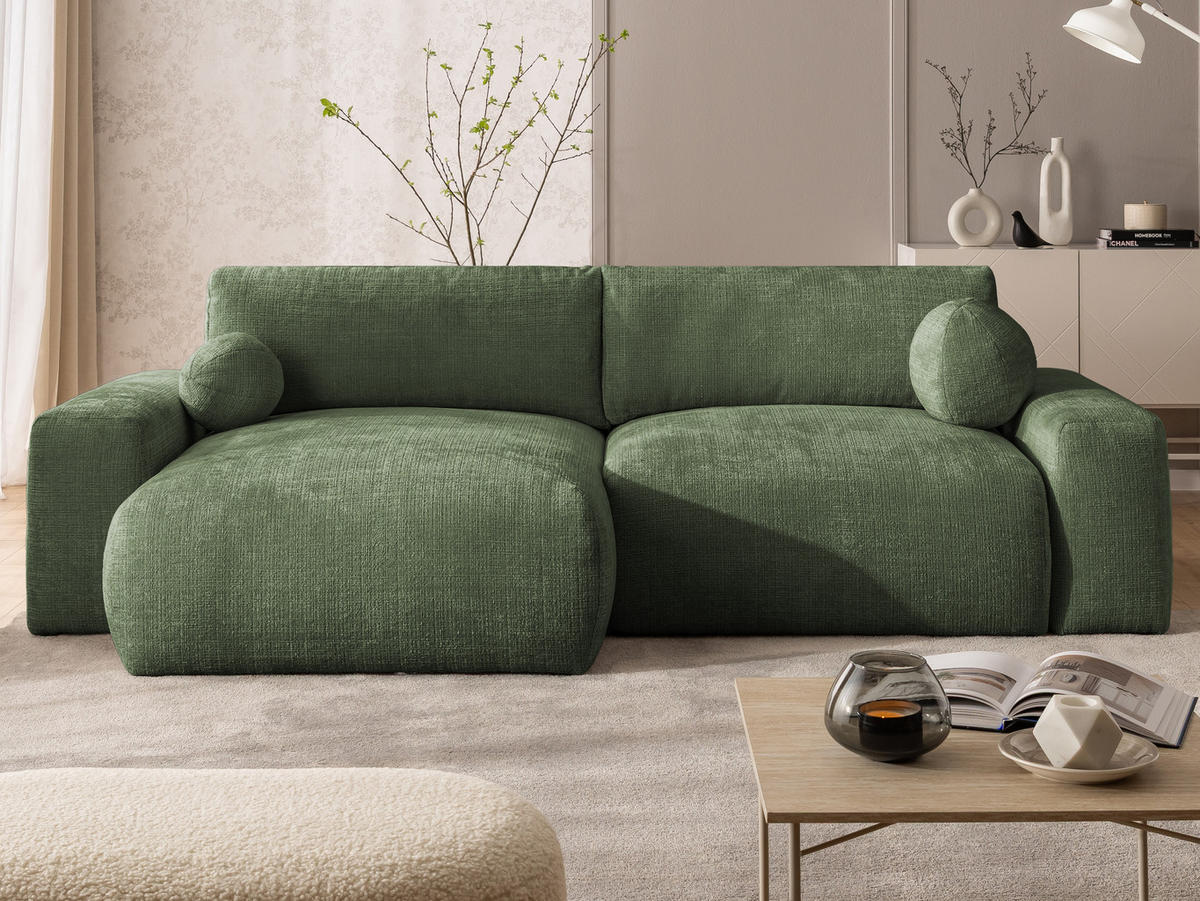 ECKSOFA Puffy mit Schlaffunktion und Bettkasten - besonders weich und puffig aus Grün Chenille-Stoff - Ottomane links - Schwarz/Grün, Holz/Kunststoff (138/266cm) - S-Style Möbel