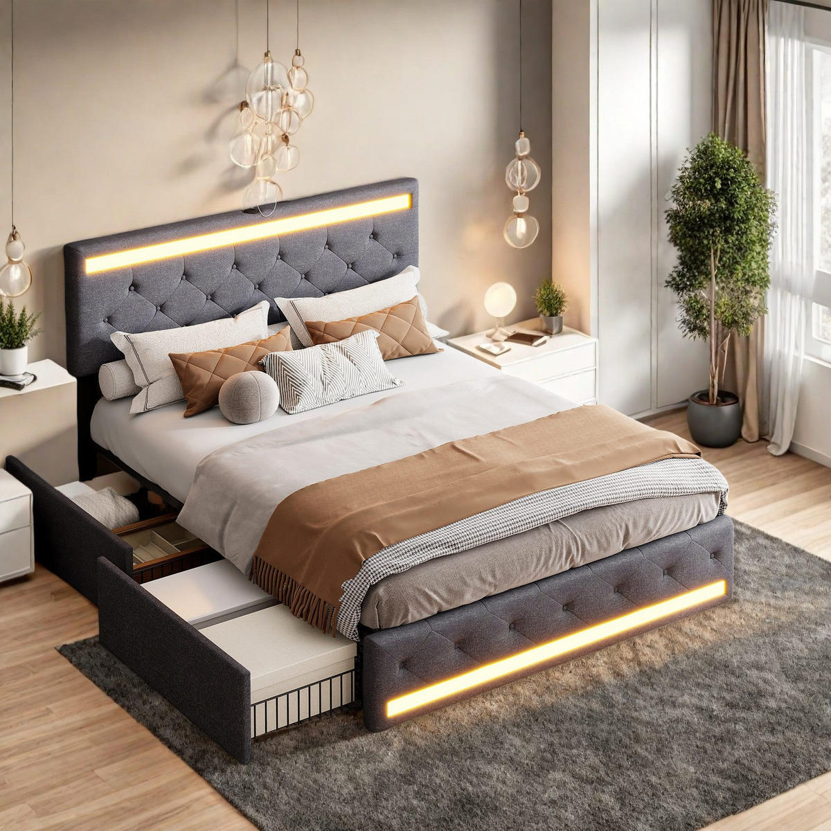 POLSTERBETT 140x190 cm, Funktionsbett mit Schubladen, LED & USB, Grau - Grau, Holz (140/190cm)