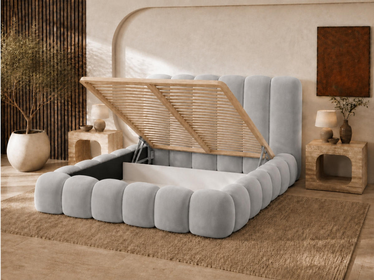 POLSTERBETT MELLOW 140x200 cm in Hellgrau, gepolstertes Kopfteil, Lattenrost, Bettkasten, Velvet-Stoff - Grau, Holz/Textil (140/200cm) - EMLAR Home