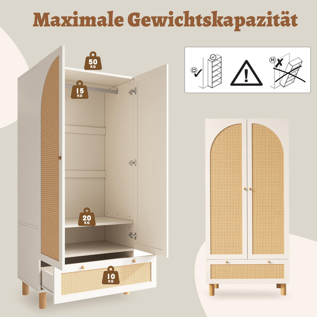 KLEIDERSCHRANK 2-türig 85,5/52/180,5 cm in Weiß mit Rattan & Schublade - Weiß, Holz (85.5/180.5/52cm) - BEAOK
