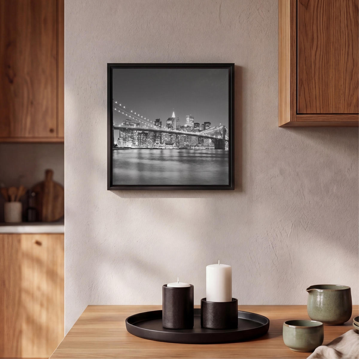 LEINWAND Bilder mit Rahmen - New York - Brücke - Brooklyn - Schwarz und weiß - Architektur - 20x20 - Schwarz, Textil (20/20cm) - MuchoWow