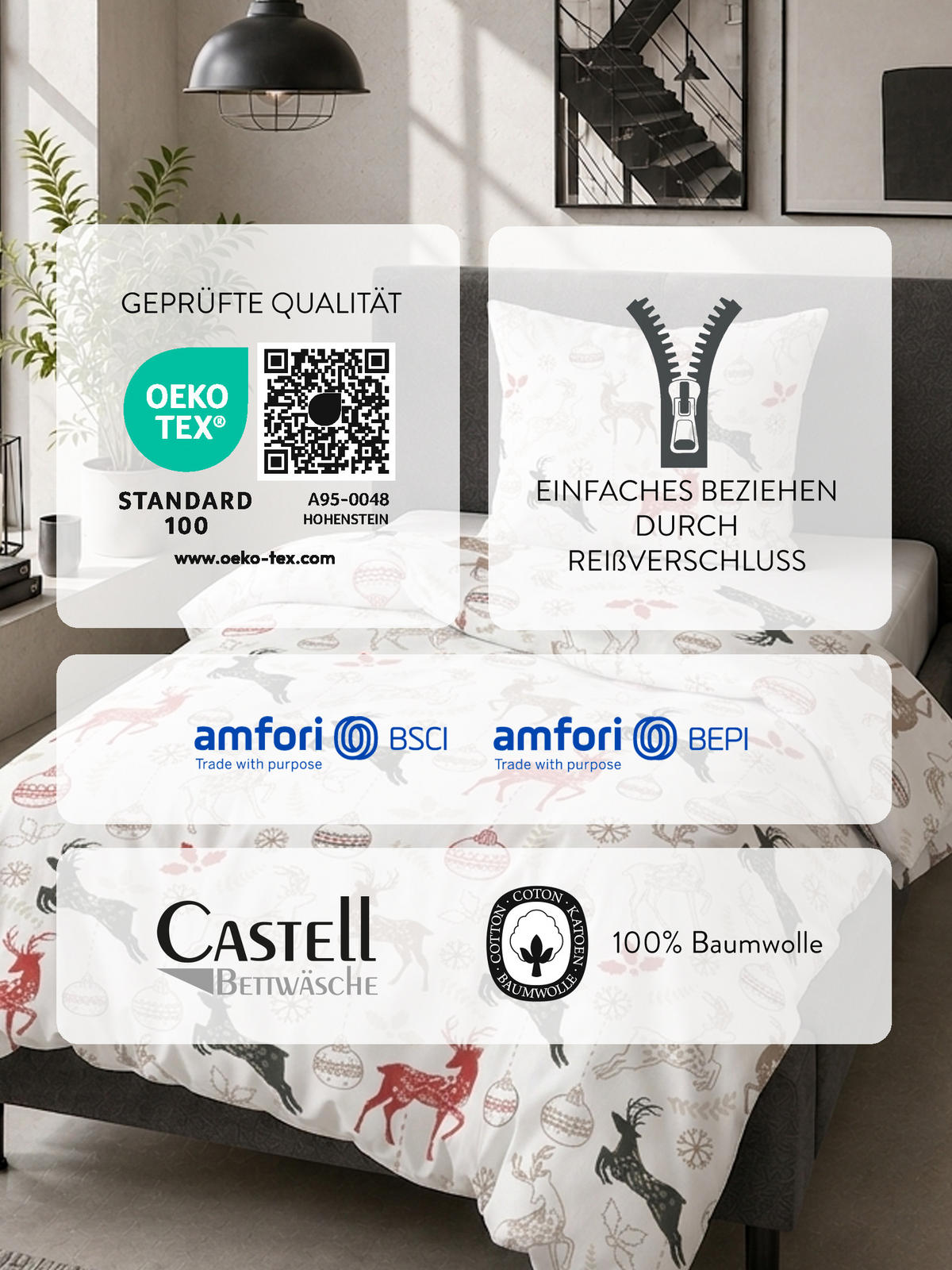 BETTWÄSCHE-GARNITUR Biber Hirsche Weihnachten weiss, 135x200 cm + 80x80 cm - Weiß, Textil (135/200cm) - Castell