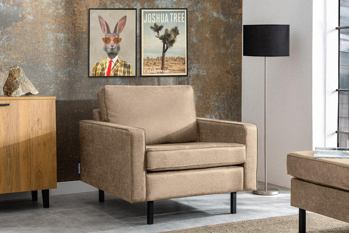 SESSEL INVIA mit Armlehnen auf hohen Metallbeinen vintage, Lederoptik-Stoff, Beige - Beige/Schwarz, Textil (98/87/98cm) - KONSIMO®
