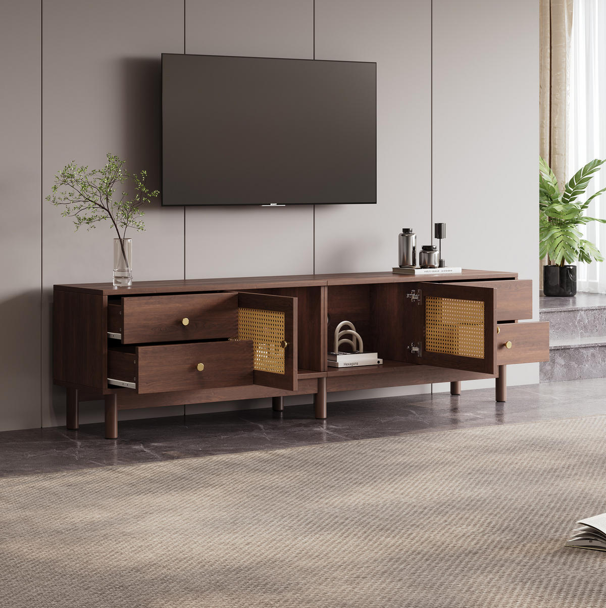 TV-SCHRANK aus Holzwerkstoff 180x35x44 cm Braun mit Rattantüren, 4 Schubladen, Kabelmanagement und hydraulischen Scharnieren - Rotbraun, Holzwerkstoff (180/44/35cm) - Modfu