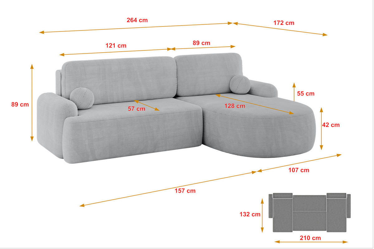 WOHNLANDSCHAFT mit Schlaffunktion und Bettkasten LIRA-L - 264x172x89 Grau - Grau, Holzwerkstoff/Textil (172/264cm) - ALTDECOR