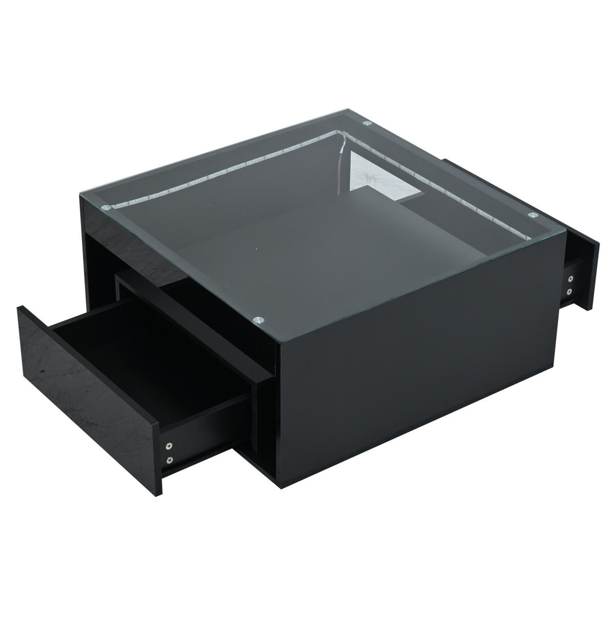 COUCHTISCH aus MDF und Glas 70x70x35 cm Schwarz mit 2 Schubladen und LED-Beleuchtung - Schwarz, Holzwerkstoff (70/70/35cm) - IVMEU