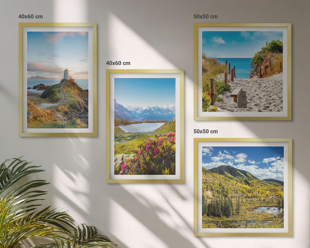 WANDBILDER 4er Set - 50x50 cm & 40x60 cm Goldrahmen - Strand, Leuchtturm, Berge, Wiesen, Blumen - Goldfarben, Kunststoff (50/50cm) - ArtPrintCave