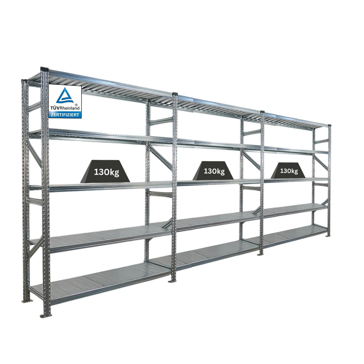 FACHBODENREGAL Proximo Stecksystem 200x450x40cm 5 Ebenen Fachlast 130 kg Beidseitig nutzbar Verzinkt - Silberfarben, Metall (450/200/40cm) - PROREGAL