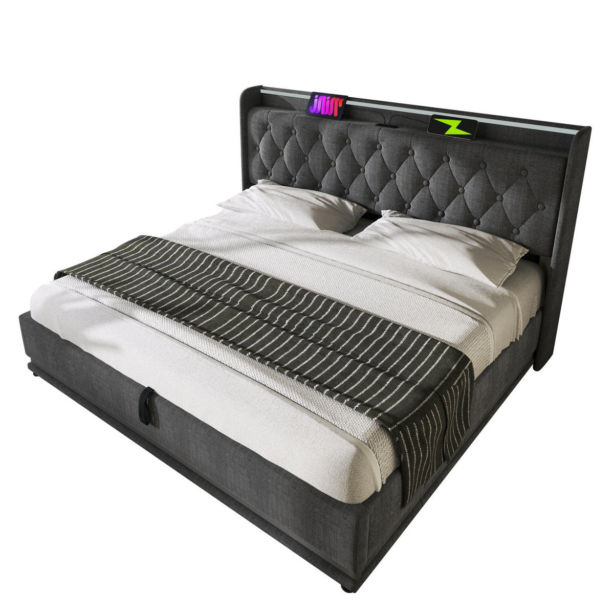 POLSTERBETT 180/200 cm mit LED, USB-C, hydraulischem Bettkasten und Leinenbezug, Grau - Grau, Holzwerkstoff (180/200cm) - Redom