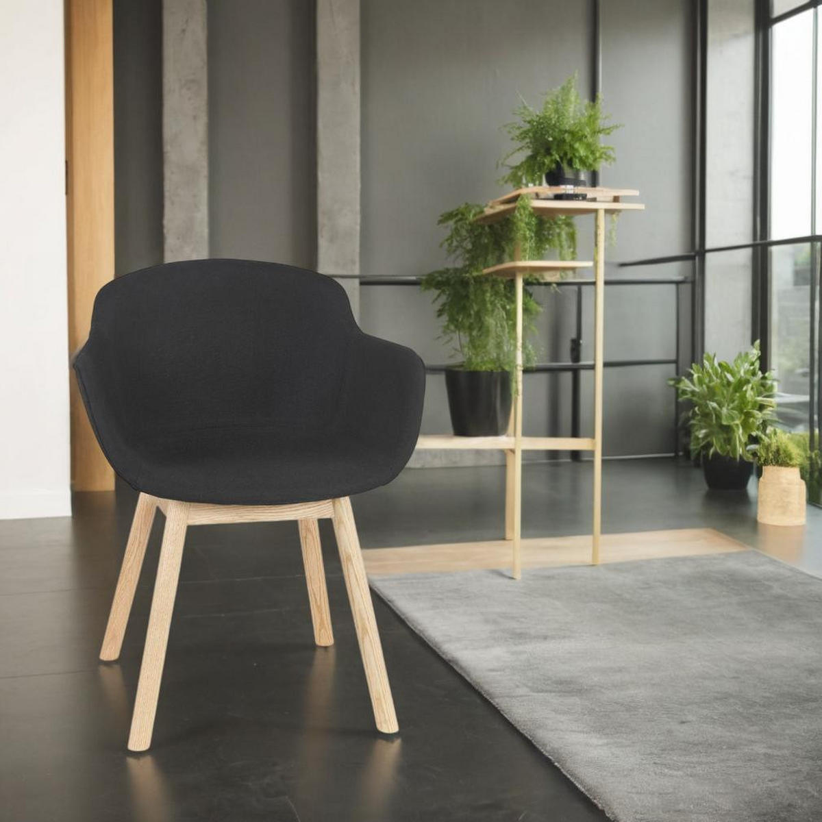 ESSZIMMERSTUHL Stoff mit Eichenbeinen und gepolsterten Armlehnen Ergonomisch, Schwarz 54x59x80 cm - Beige/Schwarz, Eichenholz/Textil (59/80/54cm) - KADIMA DESIGN
