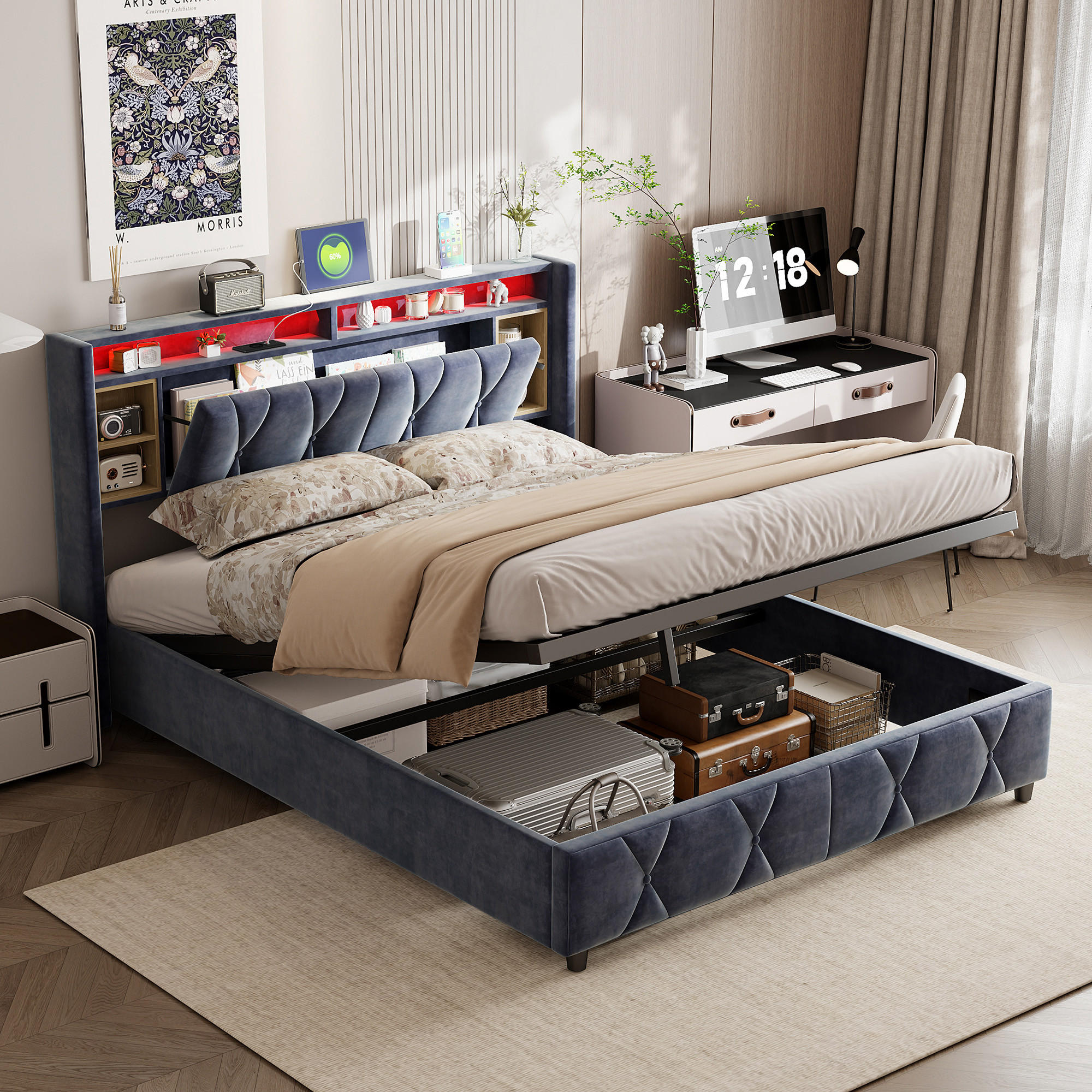 POLSTERBETT 140x200 cm, Grau, mit USB & Type-C, LED-Beleuchtung - Grau, Textil/Metall (140/200cm)