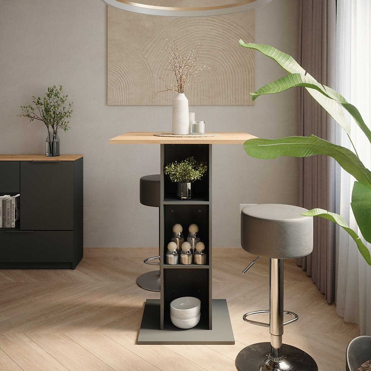 STOJACÍ BAROVÝ STŮL SE ŽIDLEMI Repose Antracit - medově dubová/antracitová, kompozitní dřevo (75/75/106cm) - Vicco