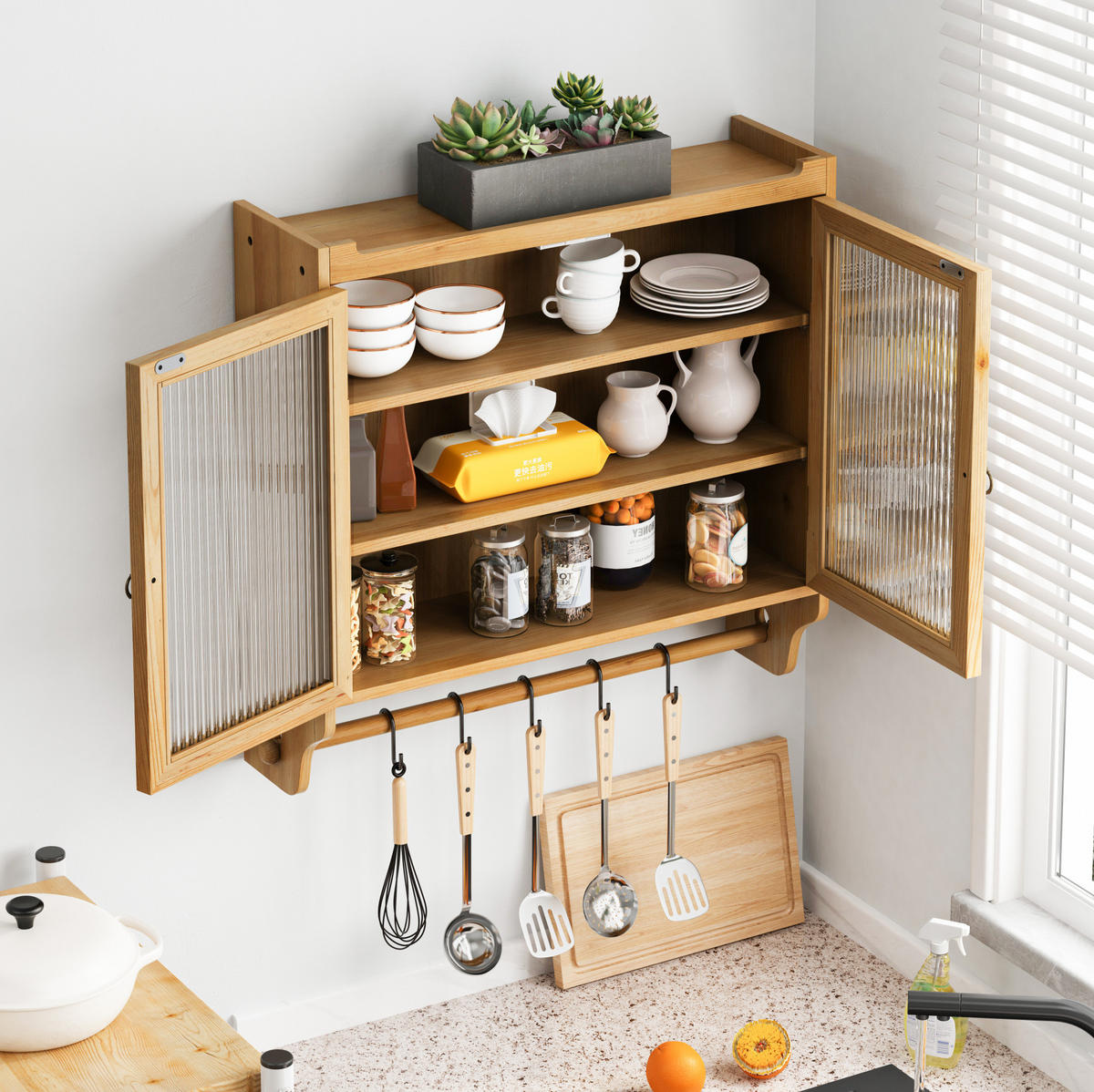 KÜCHENOBERSCHRANK 63/18/60 cm mit 3 Ablagen, Glastüren und Handtuchhalter aus Massivholz und MDF, Natur - Naturfarben, Holzwerkstoff (63/60/18cm) - Redom