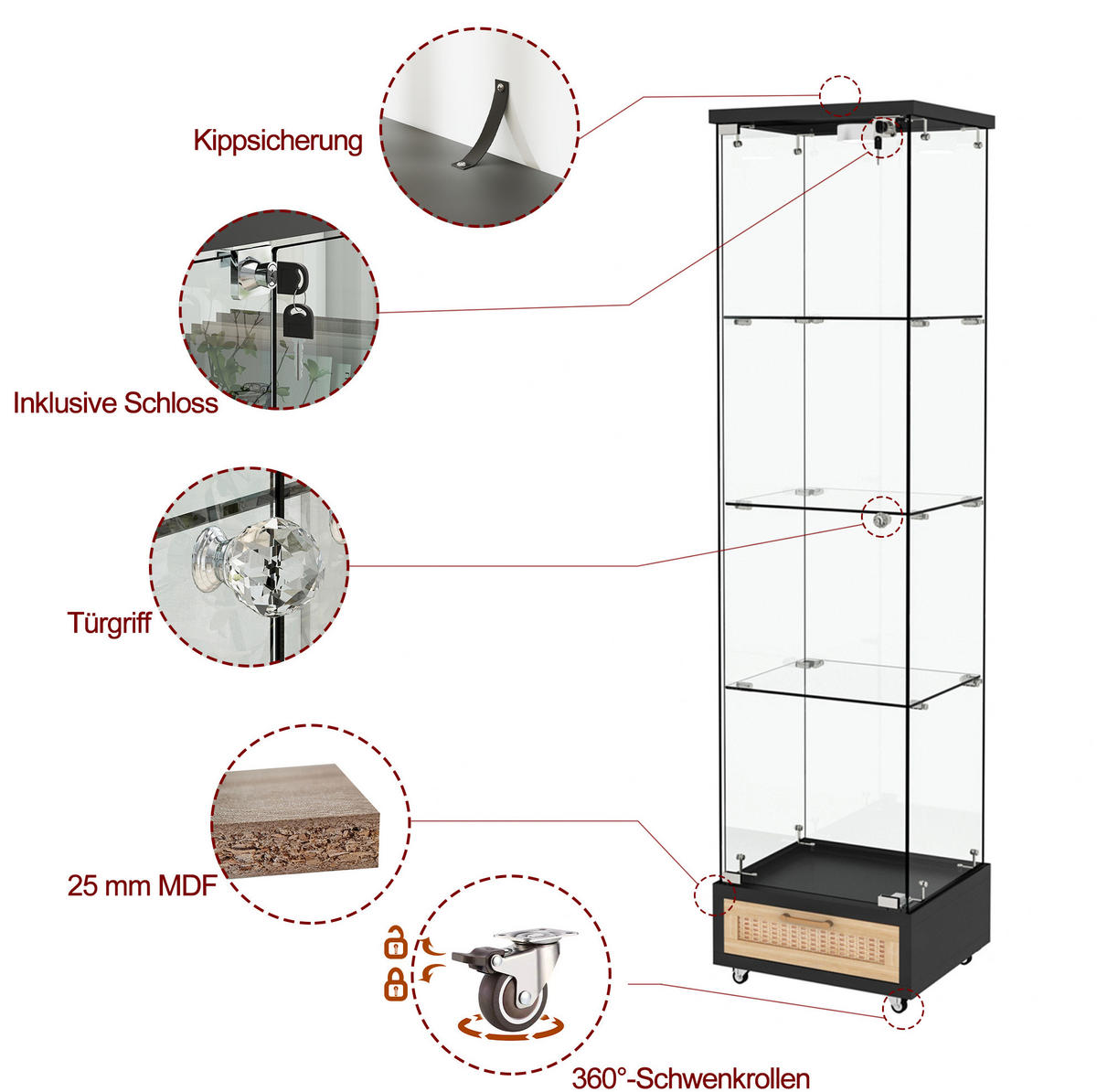 VITRINE 36,5/42,5/167 cm aus MDF und Glas mit LED-Beleuchtung, Rollen und abschließbarem Stauraum, Schwarz - Schwarz, Holzwerkstoff (42.5/167/36.5cm) - Redom