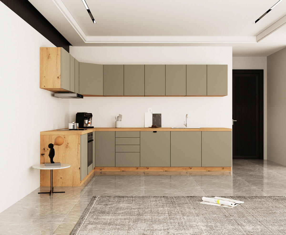 WINKELKÜCHE 300cm x 200cm- Langen KL24-M300 - in Beige/Matt - Beige, Holz (500/212/52cm)