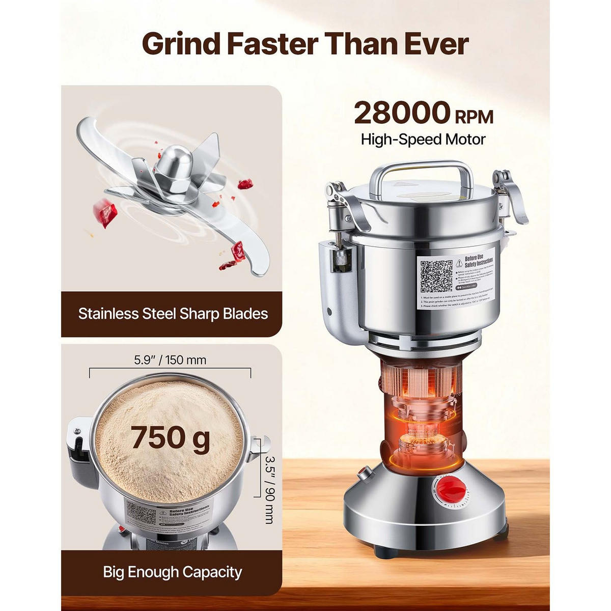 GETREIDEMUHLE Elektrische 750g Edelstahl 2000W - Silberfarben, Metall (20.01/41/20.01cm) - Rolipo