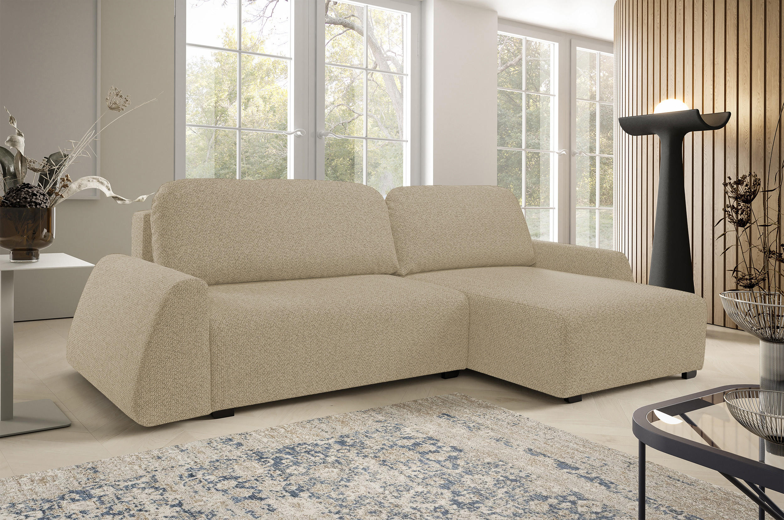 ECKSOFA ALMI mit Schlaffunktion, Bettkasten, Wellenfedern, Komfortable Sitzpolsterung, Elegantes Design, Rechte, 160x275 cm, Cappucino - Cappuccino, Holz/Textil (275/160cm) - DomoHome