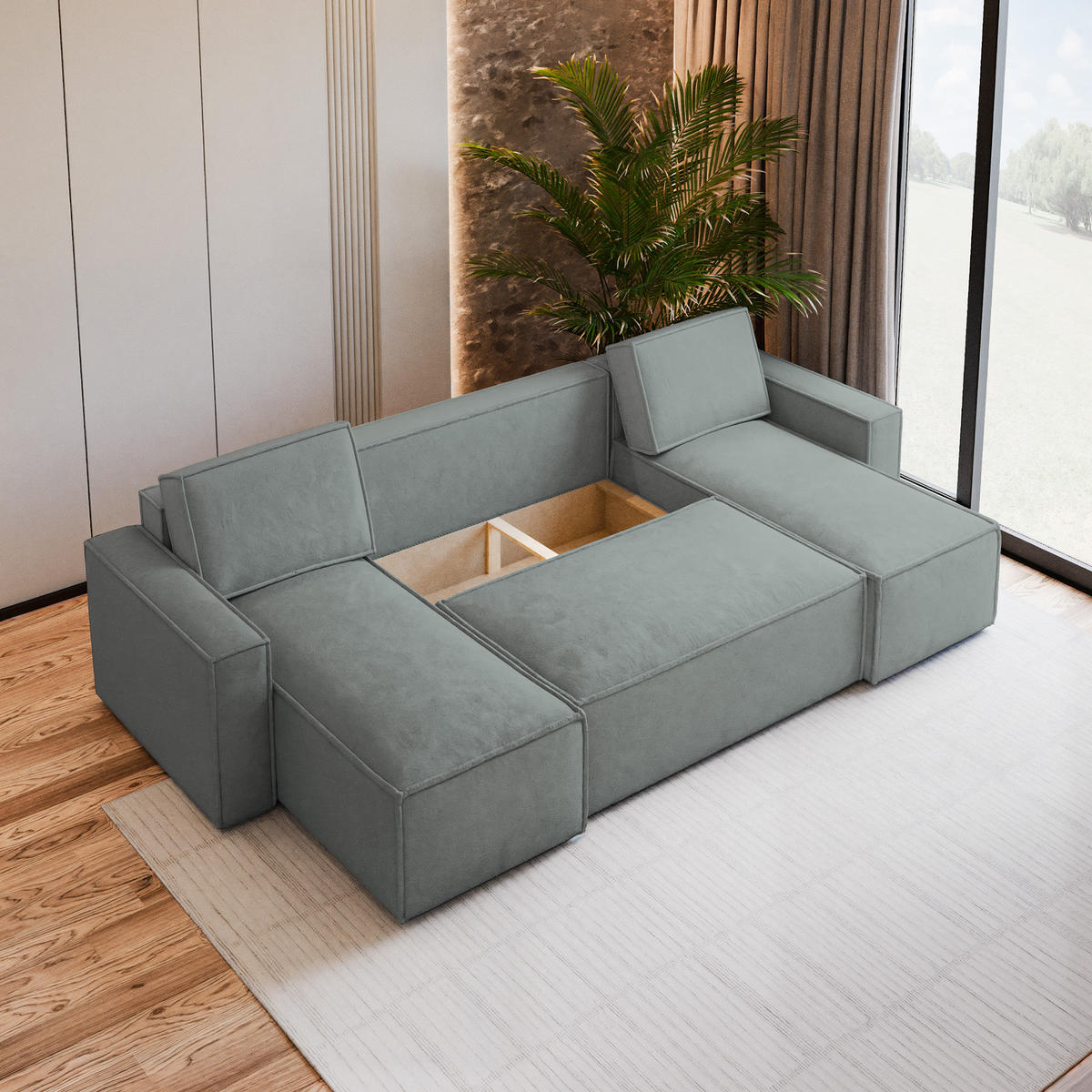 WOHNLANDSCHAFT PESANO M Grau Velours-Stoff mit Schlaffunktion - Grau, Holz (306/85/140cm) - MASSENO