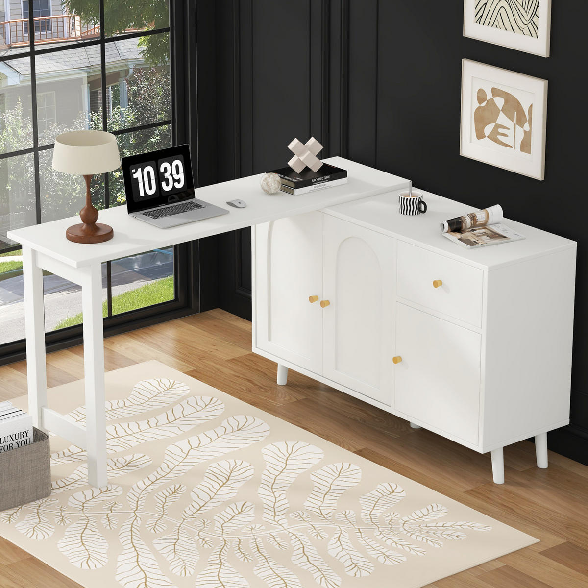 SCHREIBTISCH 120/40/74,5 cm drehbar mit Sideboard und Schublade in Weiß - Weiß, Holzwerkstoff (120/40/74.5cm) - BEAOK