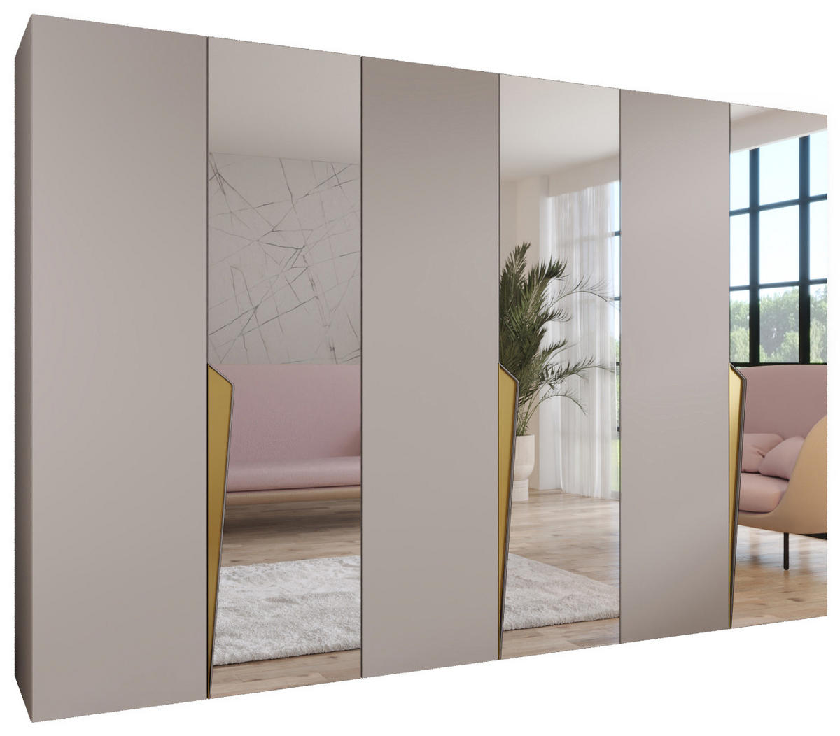 DREHTÜRENSCHRANK 202/300/52 6-türig - Beige/Goldfarben, Holz/Metall (300/202/52cm) - Abiks Möbel