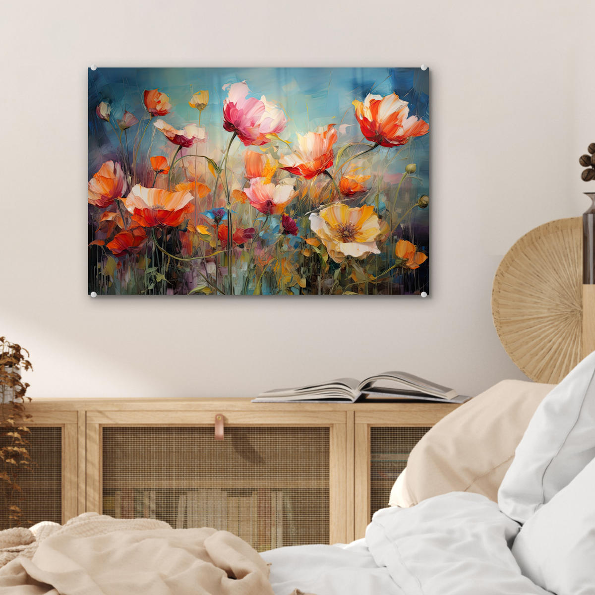 ACRYLGLASBILD Blumen - Aquarell - Kunst - Botanisch - Natur 60x40 cm - Orange, Glas (60/40cm) - MuchoWow